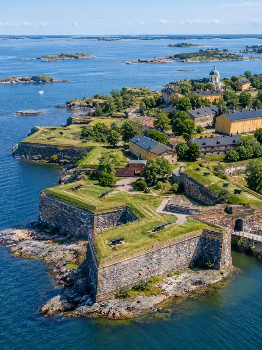 Suomenlinnas grasbewachsene Wälle und Steinmauern mitten im Meer, im Hintergrund die Kuppel der Kirche und die Schären der Inselgruppe